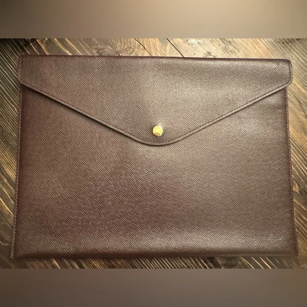 Louis Vuitton Taiga plum brown leather portfolio w/gold front snap or a clutch